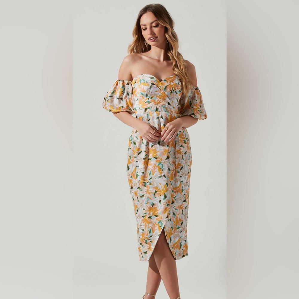 Astr The Label Zurina Floral Off Shoulder Midi Dress NWT